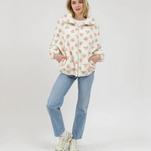 NEW Brunette the Label Full Zip Sherpa Jacket | White with Pink - Picture 4 of 4